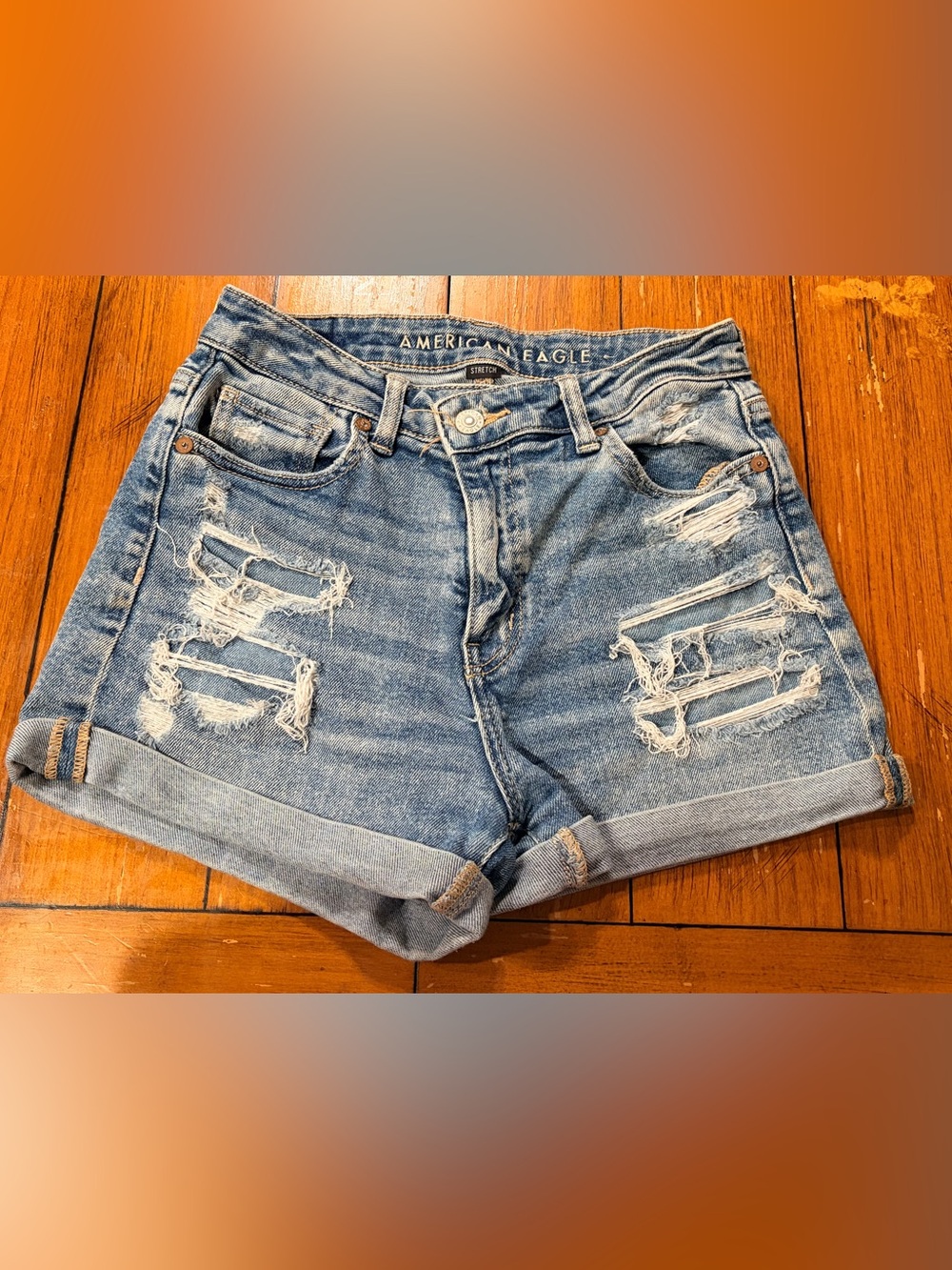 American Eagle Outfitters Distressed Rolled Hem Denim Shorts - Blue